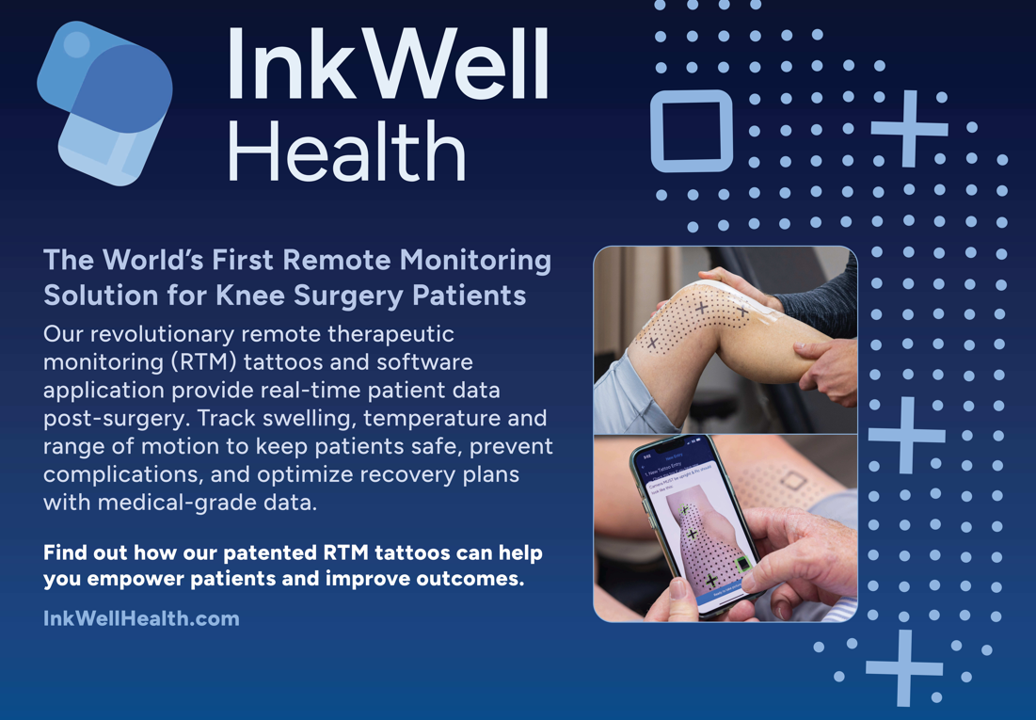 InkWell Health: The World's First Remote Monitoring Solution for Knee Surgery Patients, showing the RTM tattoo applied to a knee and scanned by phone